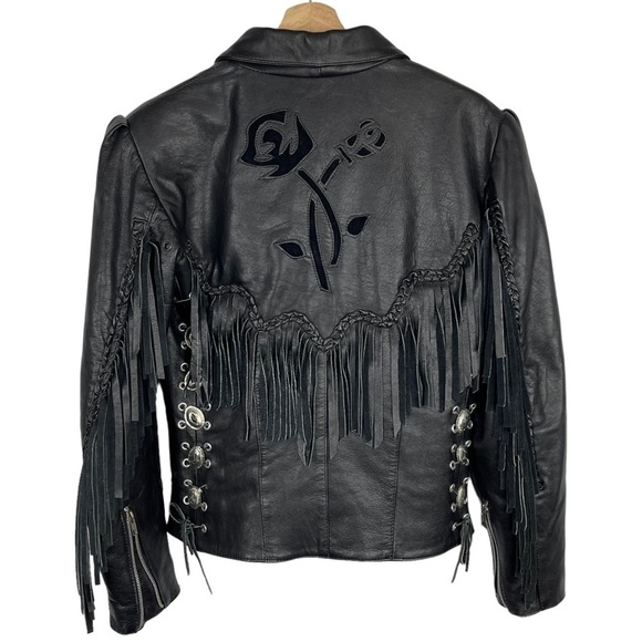 VINTAGE ALCATRAZ BLACK LEATHER FRINGE BRAIDED CONCHO ZIP ROCKSTAR LEATHER JACKET - Picture 6 of 17
